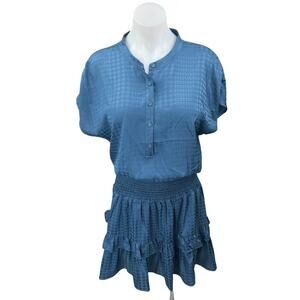 Heartloom Blue Silky Satin Jacquard Smocked Ruffle Tiered Mini A-line Dress Sz M
